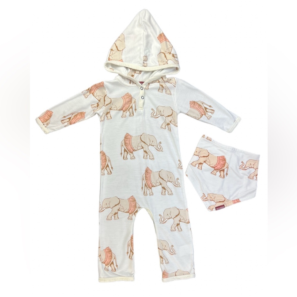 MILKBARN Hooded Long Sleeve Elephant Print Bamboo Romper - 6-12M